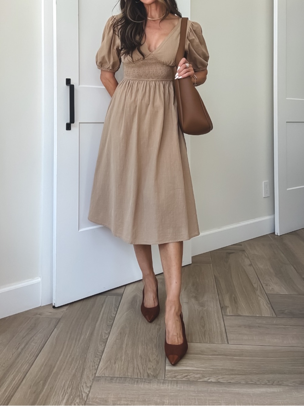 Petal + Pup, Tan Smocked Waist Midi Dress